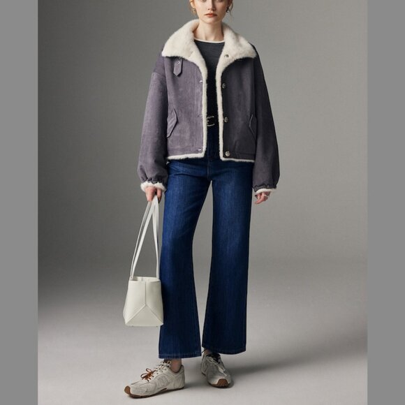 Two-in-One Gray Suede Reversible Short Coat - Picture 5 of 9